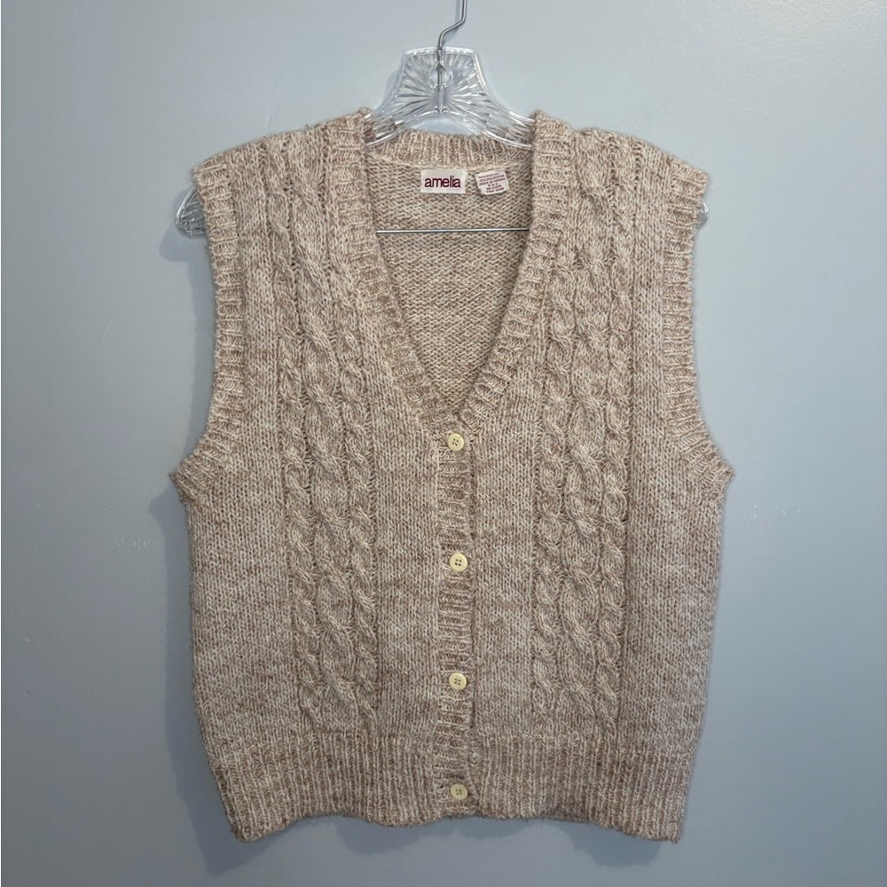 Vintage Amelia Button Down Sweater Vest Cream Beige Knitwear Woven V-Neck Medium